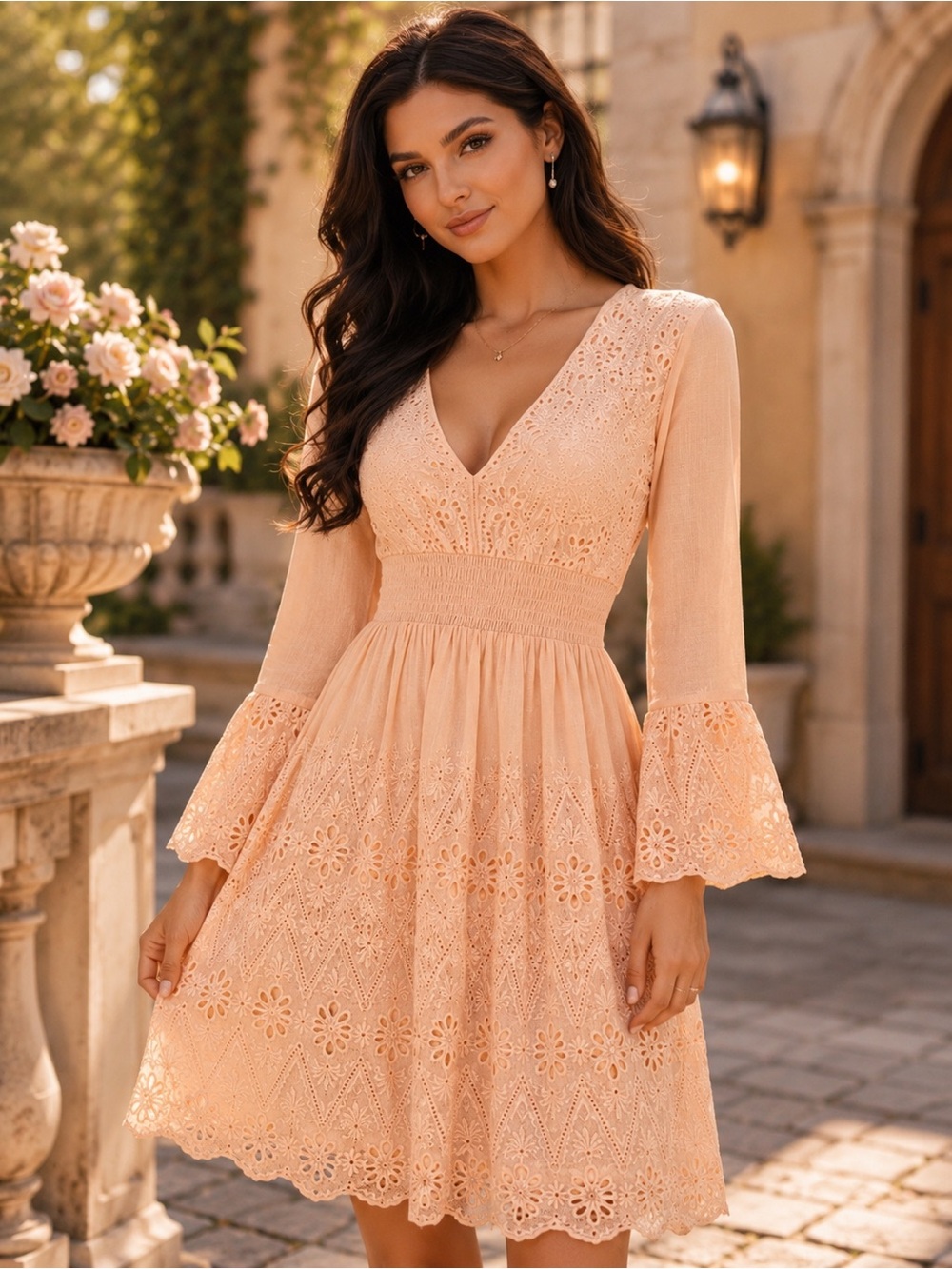 VENUS Blush Pink Eyelet Lace Dress Bell Sleeve Smocked Waist Size 2